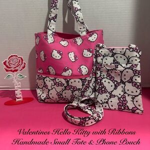 VALENTINE HELLO KITTY WITH RIBBONS HANDMADE SMALL TOTE BAG & PHONE POUCH